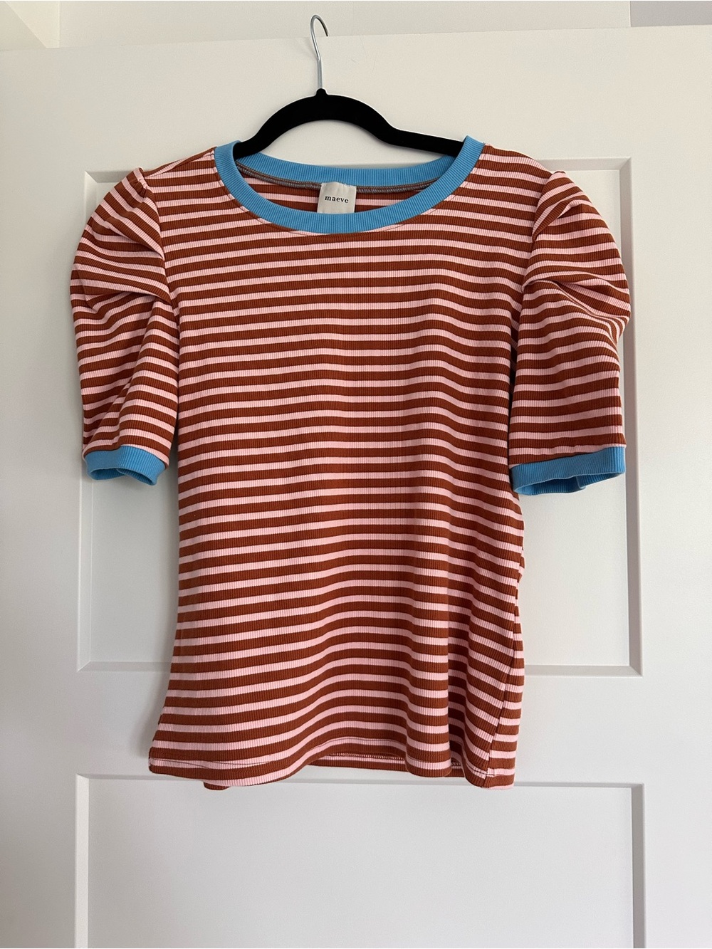 Maeve Rust and Pink Striped Tee with Sky Blue Rib Trim